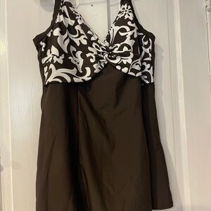 Brown and White Sundress Swim One Piece